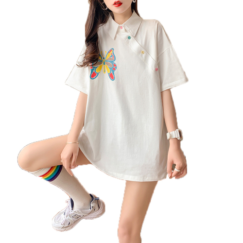 Real shooting fried Street cotton medium and long embroidered butterfly polo collar short sleeve T-shirt women's new large women's wear