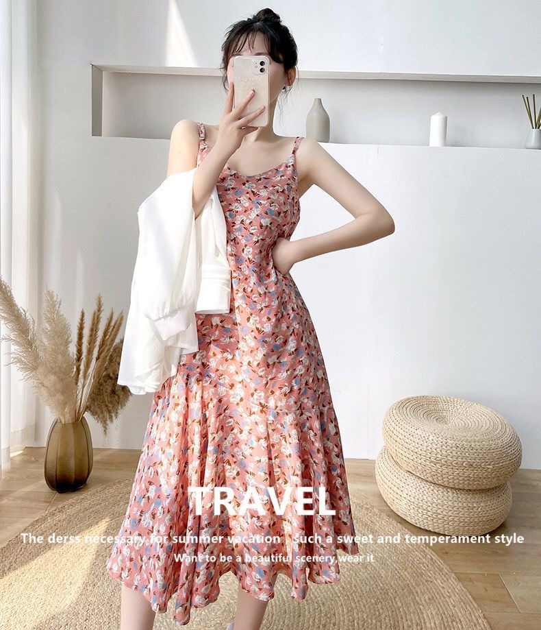 Gentle wind floral suspender skirt female 2022 summer slightly fat waist Qi sleeveless dress bottomed skirt