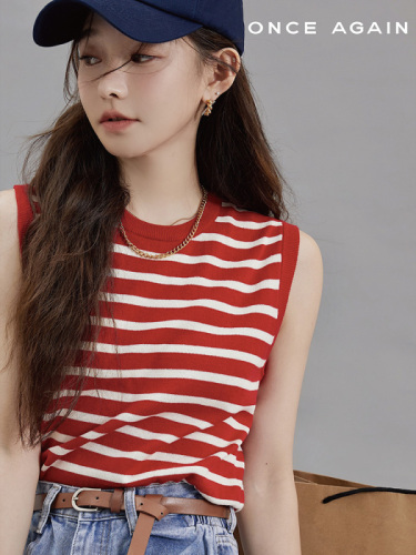 French contrast striped knitted vest for women in spring and summer small casual lap sleeveless top