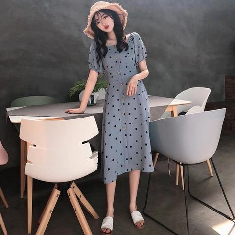 Summer clothes 2022 new fat mm THIN wave point dress early spring Chiffon square neck bubble sleeve covered belly Chiffon