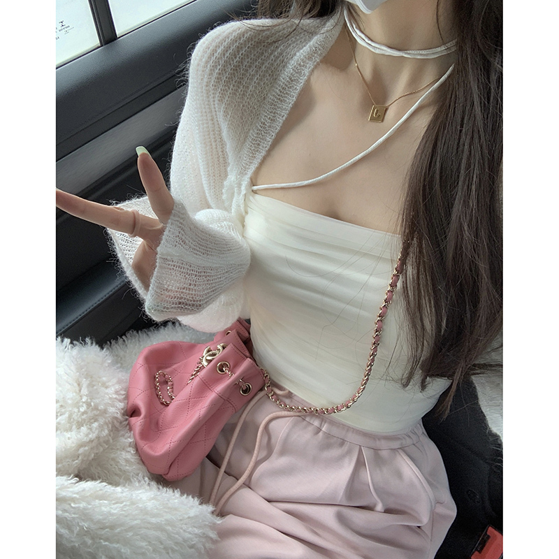 White water women's mesh suspender vest women's spring and autumn wear pure desire for clavicle, slim fit, one shoulder, strapless, short coat