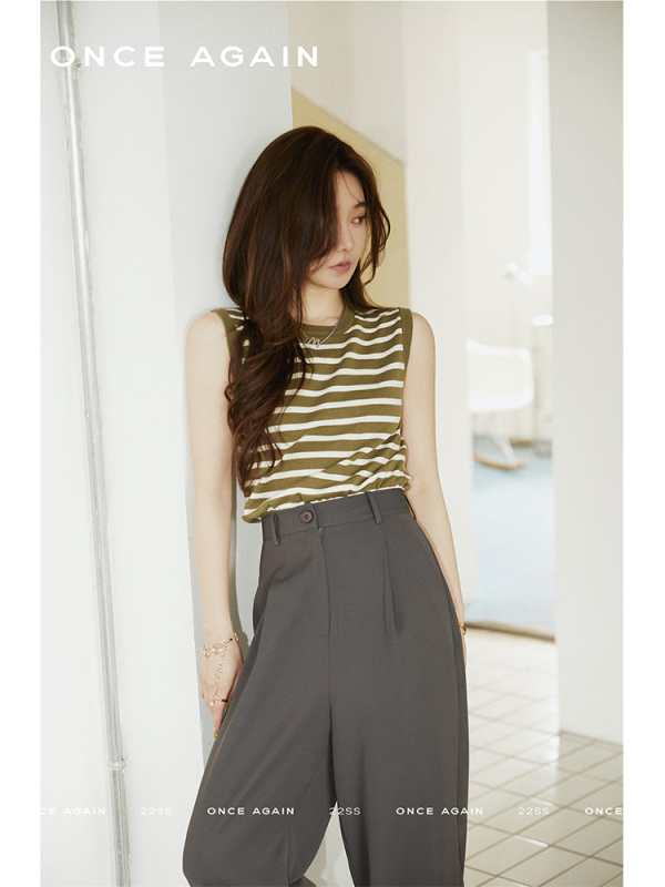 French contrast striped knitted vest for women in spring and summer small casual lap sleeveless top