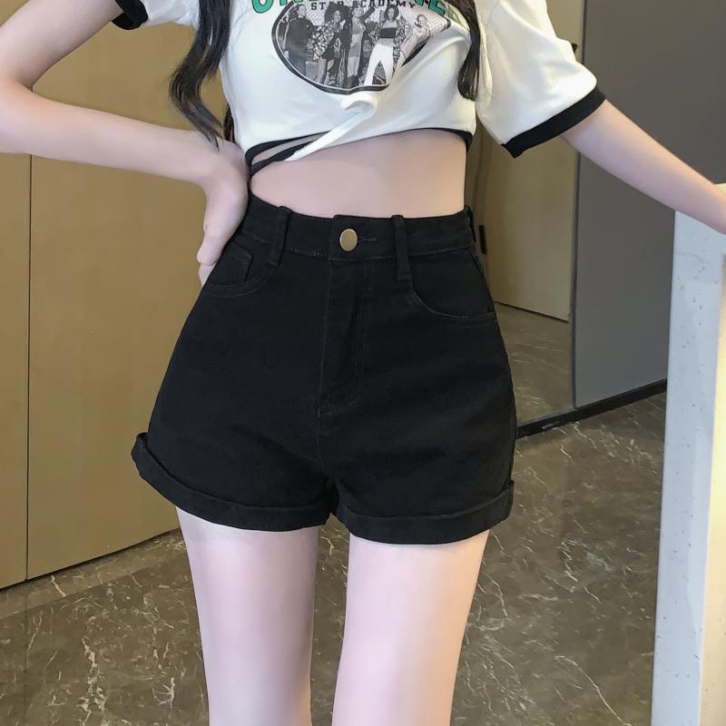 Real shot 2022 summer new sexy hot girl ~ high waist curling elastic thin basic denim shorts women