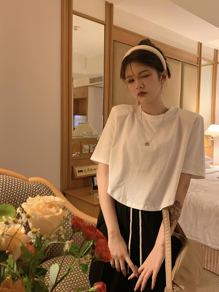 Real price small irregular short shoulder pad T-shirt hot girl short sleeve top