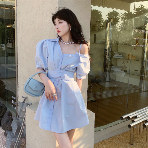 Real shot real price French off shoulder shirt dress feminine waist strap design bubble cuff skirt