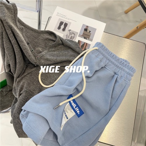Blue letter label waffle casual shorts women's summer versatile thin loose wide leg Sweatpants