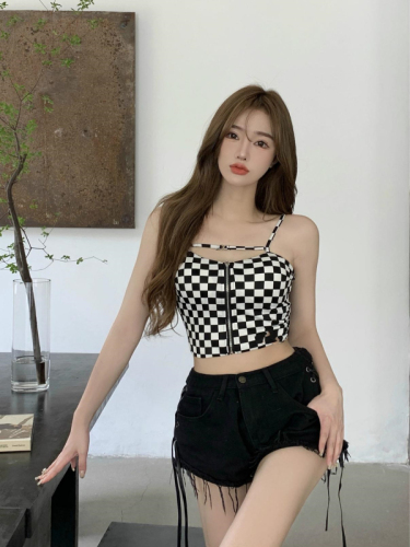 Sweet and spicy color contrast checkerboard zipper navel exposed knitted suspender vest summer small sexy design feeling inside and outside women
