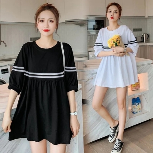 2022 summer new large women's wear medium and long loose short sleeved T-shirt skirt belly covering top fat mm200kg tide