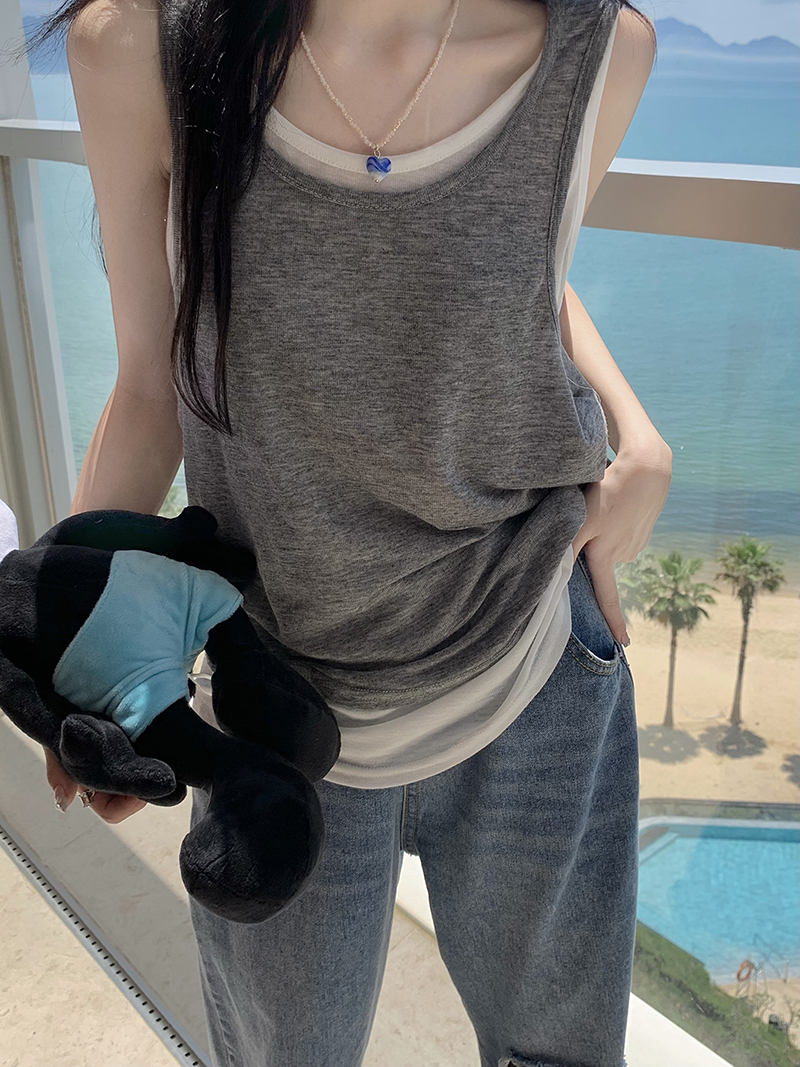 Real price light and breathable two-color knitted thin vest non detachable two-piece t-shirt female