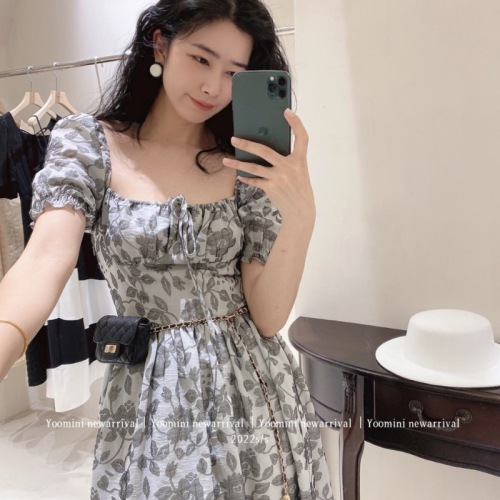 Korean ink grey floral short sleeved dress  summer square neck high waist slim A-shaped medium length skirt female