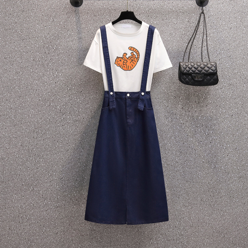 Real shot  summer clothes new slightly fat sister age reduction foreign style suspender dress thin belly covering T-shirt two-piece set