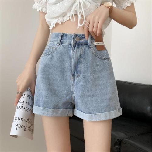 Real shot crimped student denim shorts women's loose 2022 summer new slim and versatile A-shaped wide leg hot pants