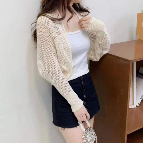 Mesh ice silk knitted cervical spine protection summer sunscreen cardigan with women's short shawl air conditioning shirt and thin coat