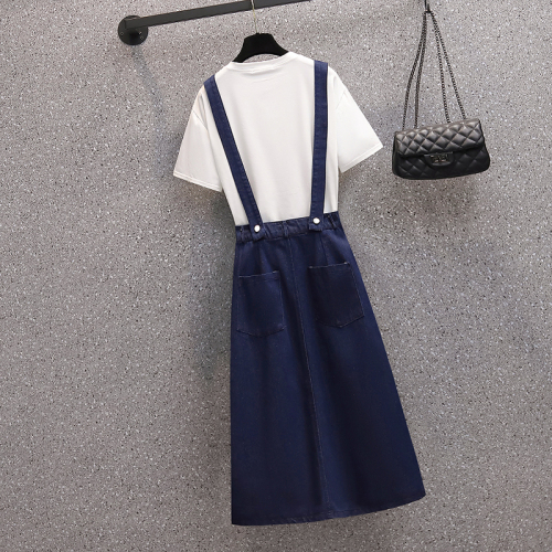 Real shot  summer clothes new slightly fat sister age reduction foreign style suspender dress thin belly covering T-shirt two-piece set