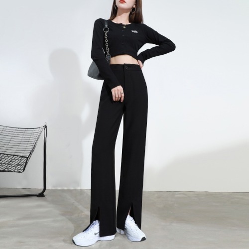 Real shooting front split pants women's clothes 2022 summer new high waist straight tube hanging feeling floor dragging suit wide leg trousers