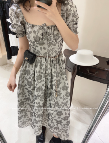 Korean ink grey floral short sleeved dress  summer square neck high waist slim A-shaped medium length skirt female