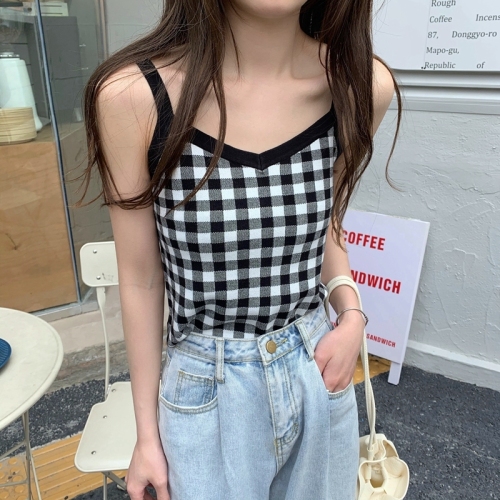 Plaid suspender vest women's inner layer  summer new design sense of minority V-neck blouse women's outer layer