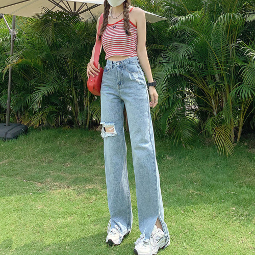 Actual shooting of the new light color pierced jeans in spring and summer of  women's split wide leg straight pants