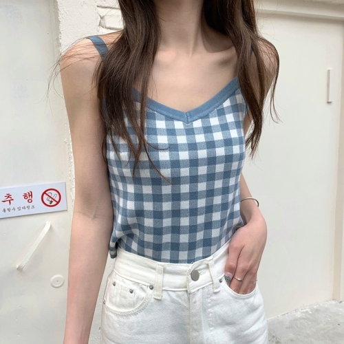 Plaid suspender vest women's inner layer  summer new design sense of minority V-neck blouse women's outer layer