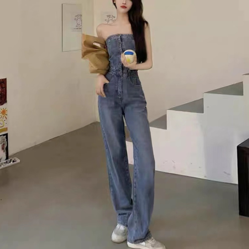 Strapless denim Jumpsuit feminine straight tube wide leg pants summer thin casual loose Jumpsuit pants