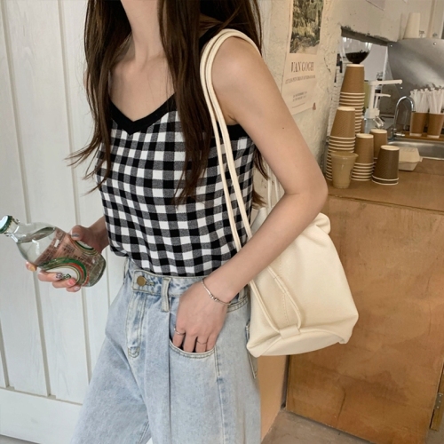 Plaid suspender vest women's inner layer  summer new design sense of minority V-neck blouse women's outer layer