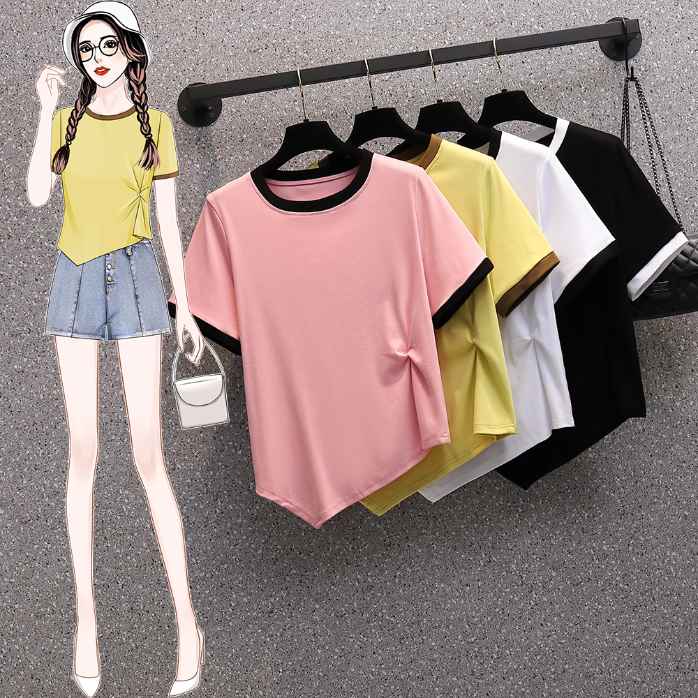 Real shot 2022 summer clothes new fat mm fashion versatile thin asymmetric kink short sleeve T-shirt
