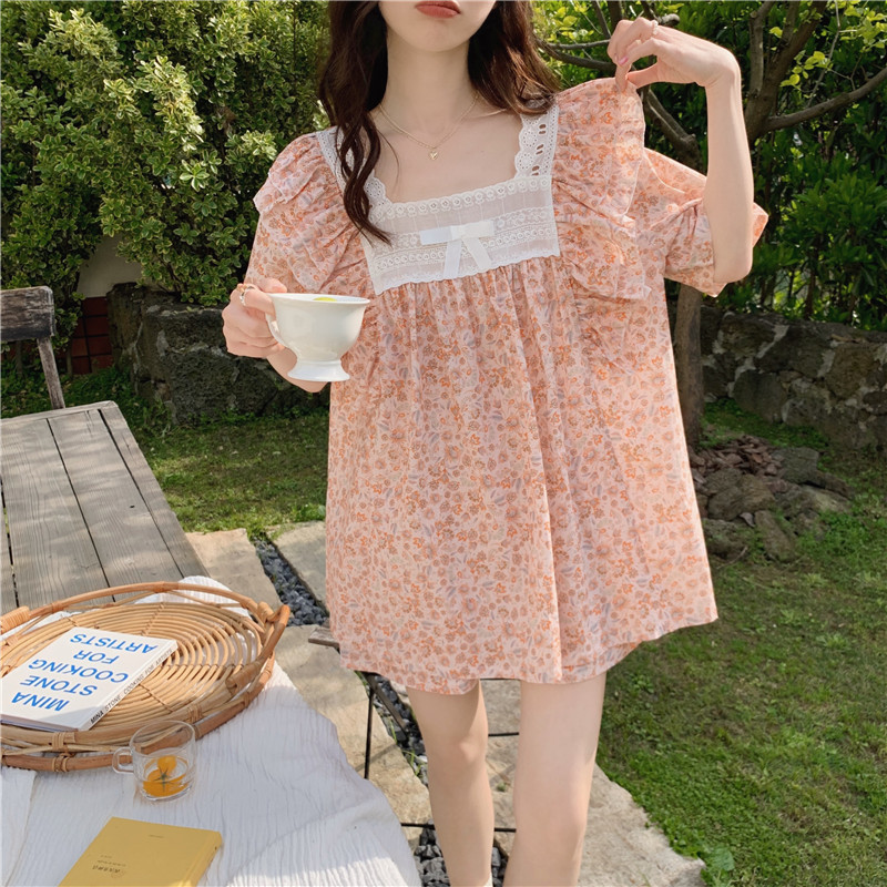 Real price Korean version cotton sweet lace loose Casual Short Sleeved shorts home clothes Pajama suit