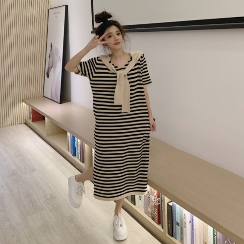 Summer  New Stripe loose and thin hooded knitted medium length skirt lazy casual dress women