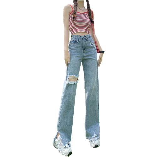 Actual shooting of the new light color pierced jeans in spring and summer of  women's split wide leg straight pants