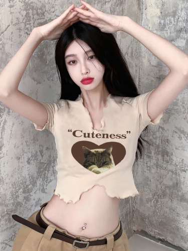 Real shooting summer clothes retro love cat print slim fit short navel exposed pure desire wind short sleeve T-shirt