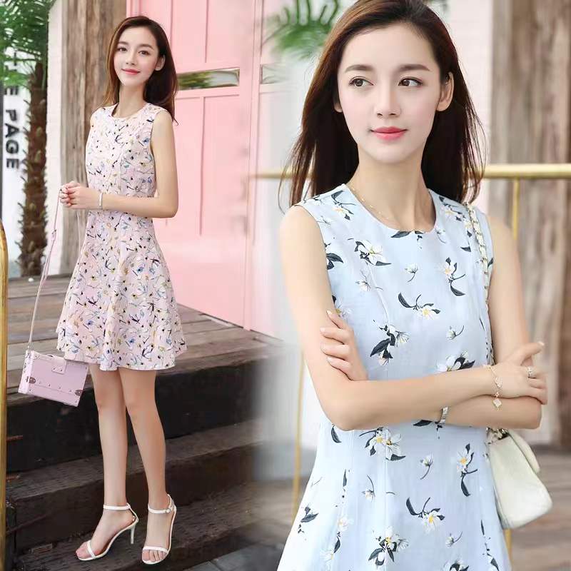 2022 summer new women's round neck sleeveless printed dress women's fashion slim fit small fresh medium and long skirt