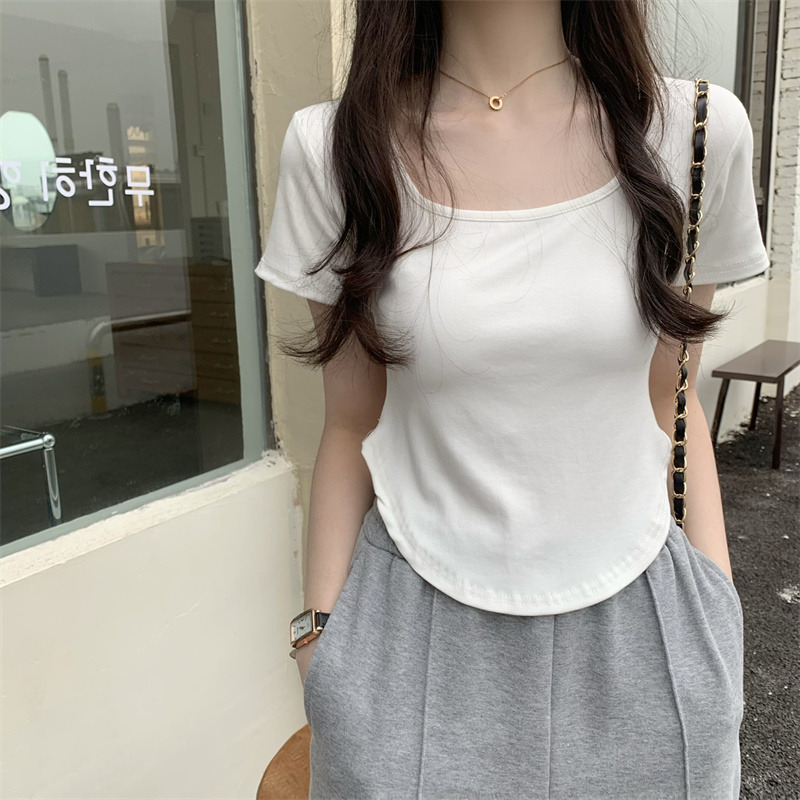 White square neck T-shirt short sleeve women's summer 2022 new interior design sense of minority short irregular