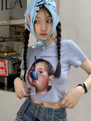Real shooting of summer clothes new spice girl head print versatile small short navel exposed sweet and spicy short sleeve T-shirt