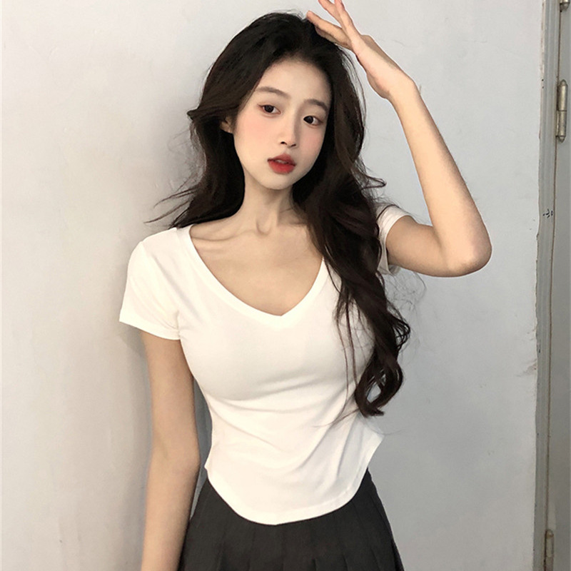 Pure desire style V-neck short sleeve T-shirt women's summer 2022 new slim and thin spice girl short irregular top