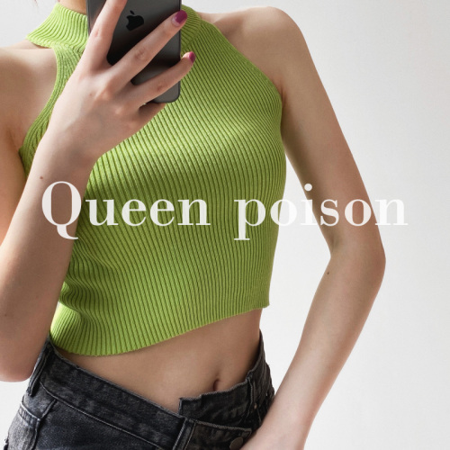 European and American personality sleeveless narrow shoulder sexy vest hanging neck, wearing slim, exposed navel, slim, closed waist thread Knitted Top
