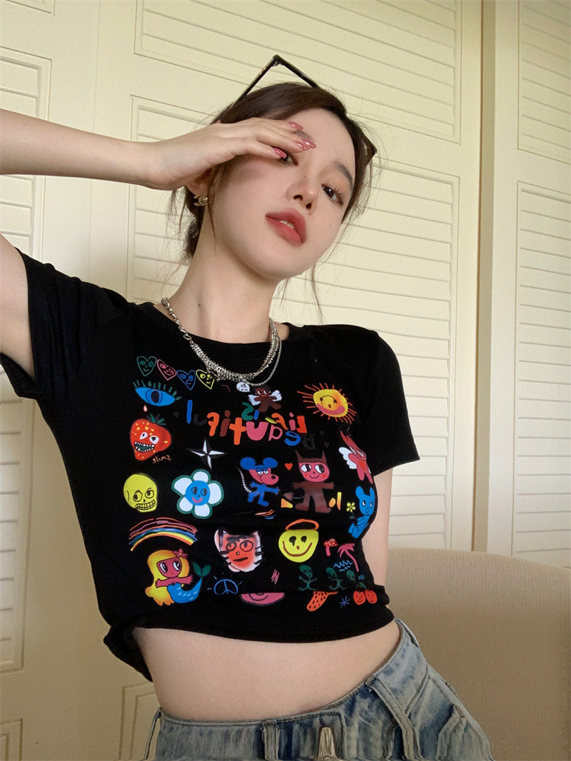Short sleeved T-shirt women's summer clothes retro slim slim short print top