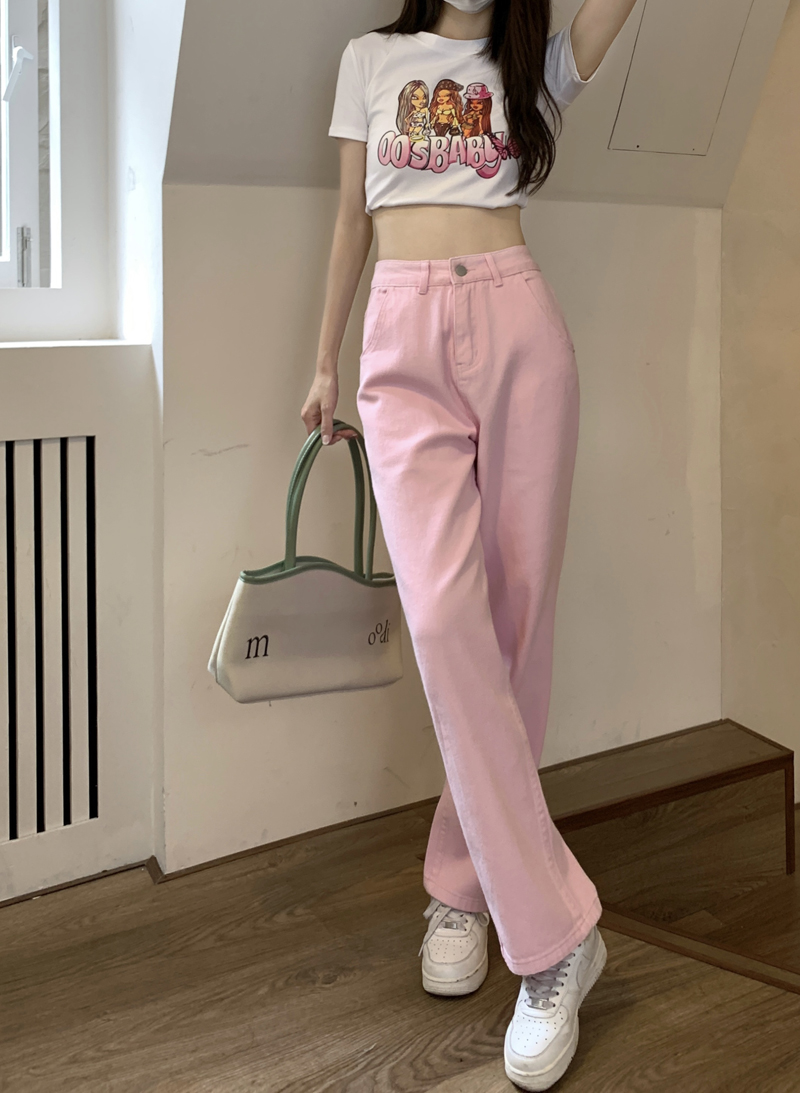 Real shooting and real price 2022 summer Korean version of high waist denim wide leg pants pink denim straight pants