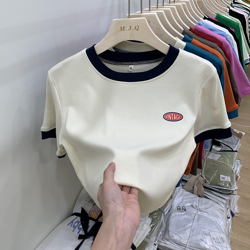 Pure Spice Girl straight shoulder short sleeve T-shirt women's summer fashion contrast color slim fit half sleeve T-shirt high waist exposed navel short top