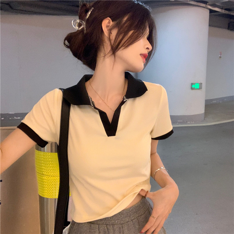 Real shooting and real price color contrast stitching polo collar short sleeve bottomed T-shirt, minority hot girls, versatile thin short top