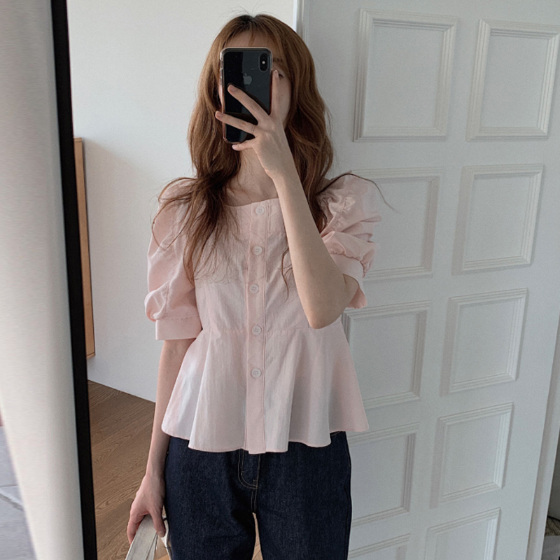 Korean shirt female French square neck Bubble Sleeve Ruffle waist closing sweet Shirt PINK temperament summer top female