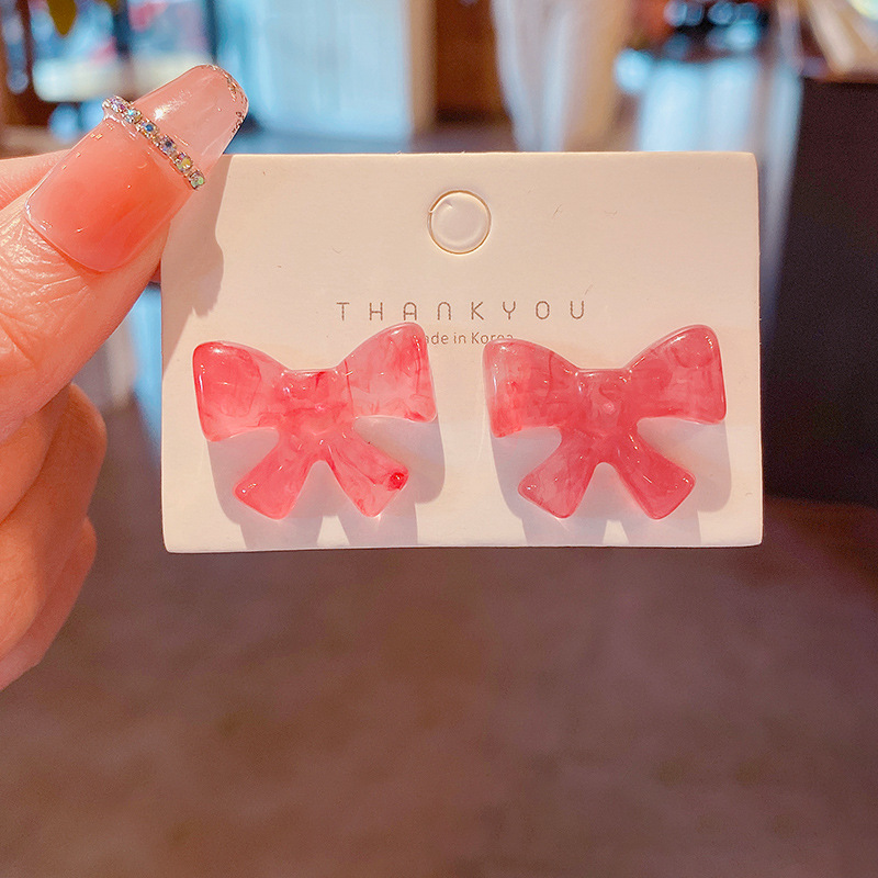 Real shot S925 silver needle spring and summer new resin red bow earrings female versatile gas Earrings