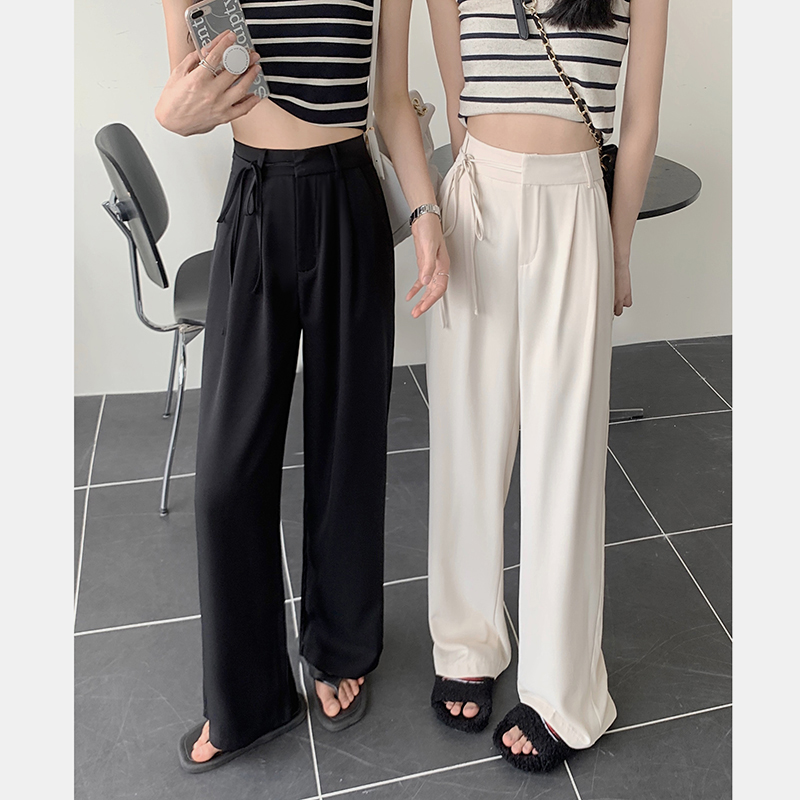 Real price 2022 new summer women's long pants high waist lace up suit pants hanging loose wide leg pants