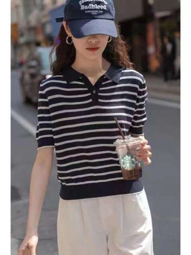 Ice silk knitted polo shirt women's summer thin design sense of minority loose short stripe T-shirt women's Short Sleeve Top