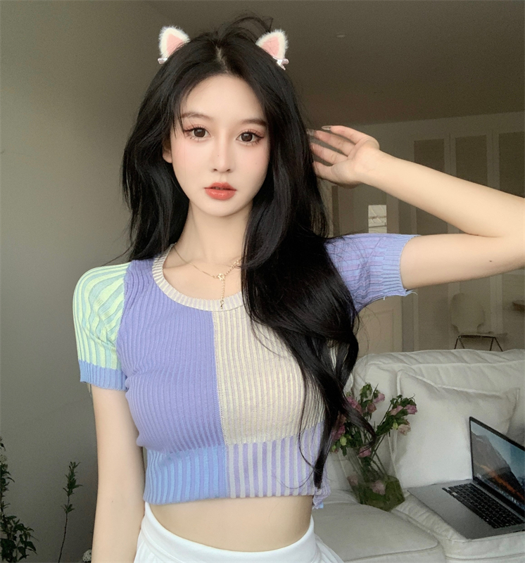 Real price color blocking short knitted T-shirt