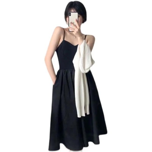 Simple and versatile knit cardigan + waist drawstring dress two piece set for women