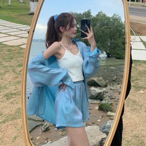 2022 spring and summer new Mermaid Ji loose lazy wind sunscreen long sleeved shirt women's fashion suit