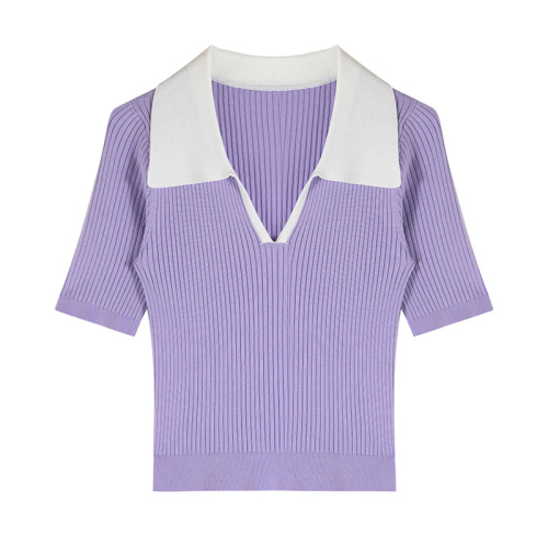 French contrast polo collar short sleeve T-shirt women's short gas ice silk Lapel T-shirt summer