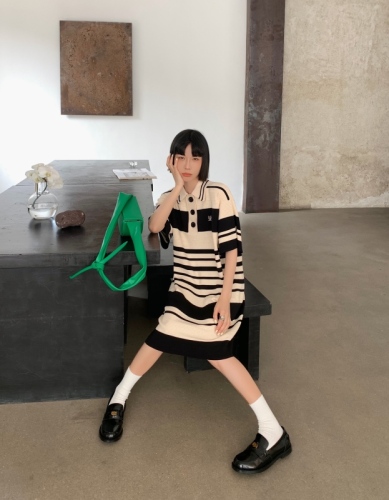 Korean creative stripe knitted medium and long skirt female  summer temperament aging student dress