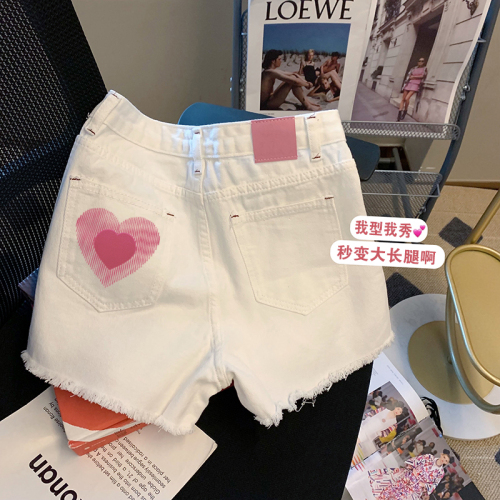 Love printed white shorts women's 2022 summer new style small man slim high waist straight tube versatile high street jeans