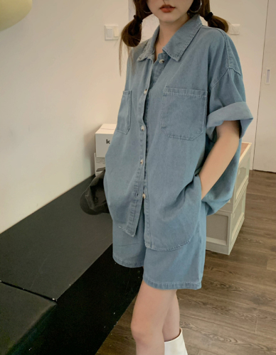 Real shooting and real price in summer, slim, loose and versatile denim shirt + High Waist Shorts for women